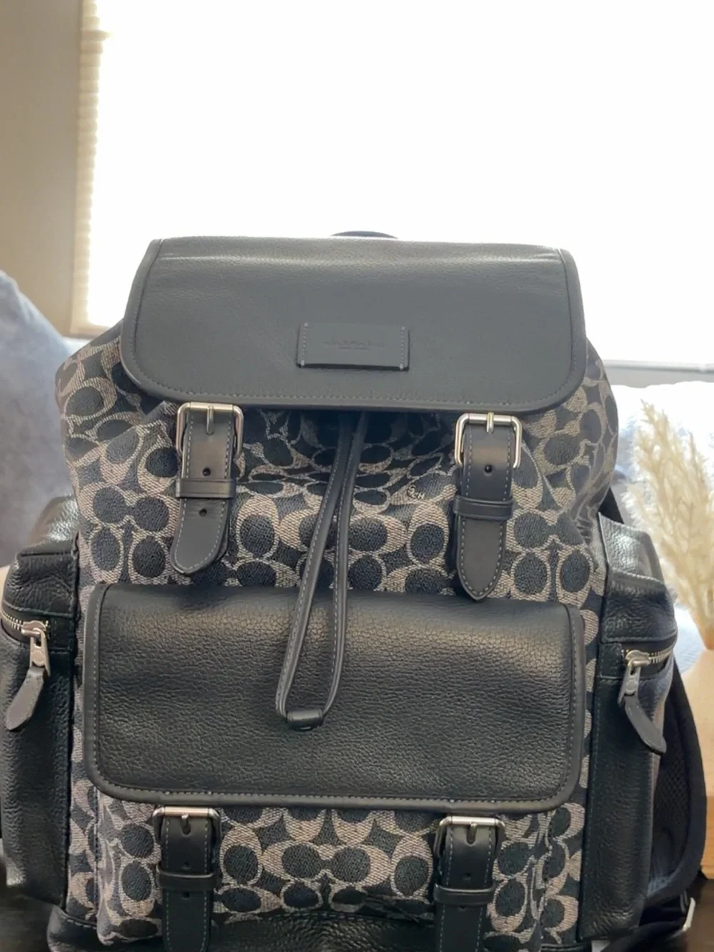 Coach Navy Signature Jacquard Backpack with Leather Trim
